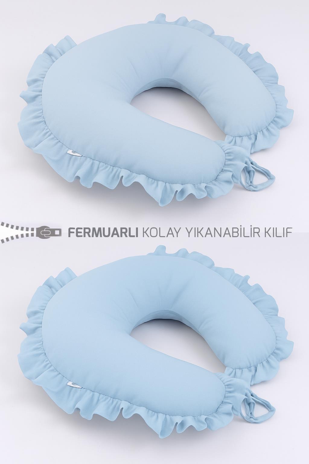 Bebe Mavi Fırfırlı Emzirme & Destek Yastığı – Fermuarlı, Yıkanabilir Kılıf | %100 Pamuk