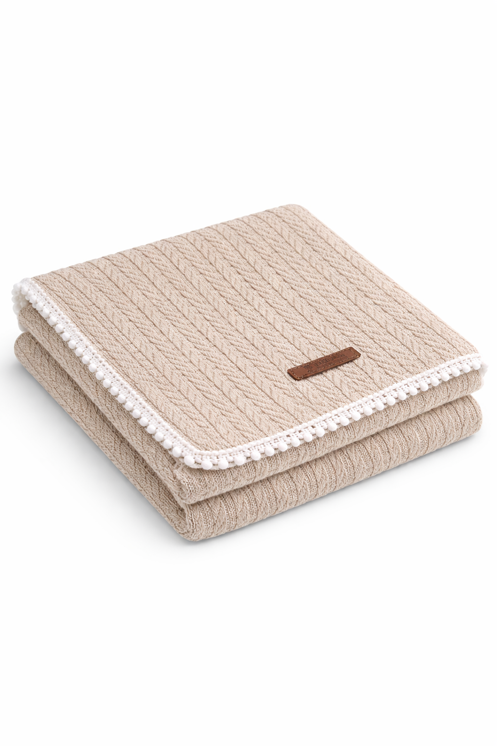 Bej 110x110 cm İnce Ponpon Kenarlı Örgü Pike Bebek Battaniyesi
