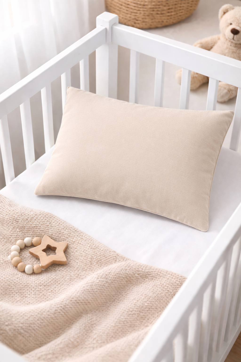 Bej 45×35 cm Bebek Yastığı ve Yastık Kılıfı Seti