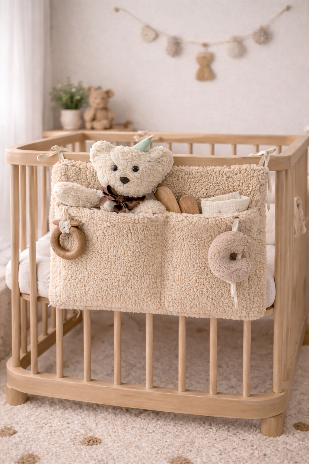 Bej Teddy Çok Amaçlı Beşik Kenarı Düzenleyici 50x40 cm – 2 Cepli Bebek Organizer