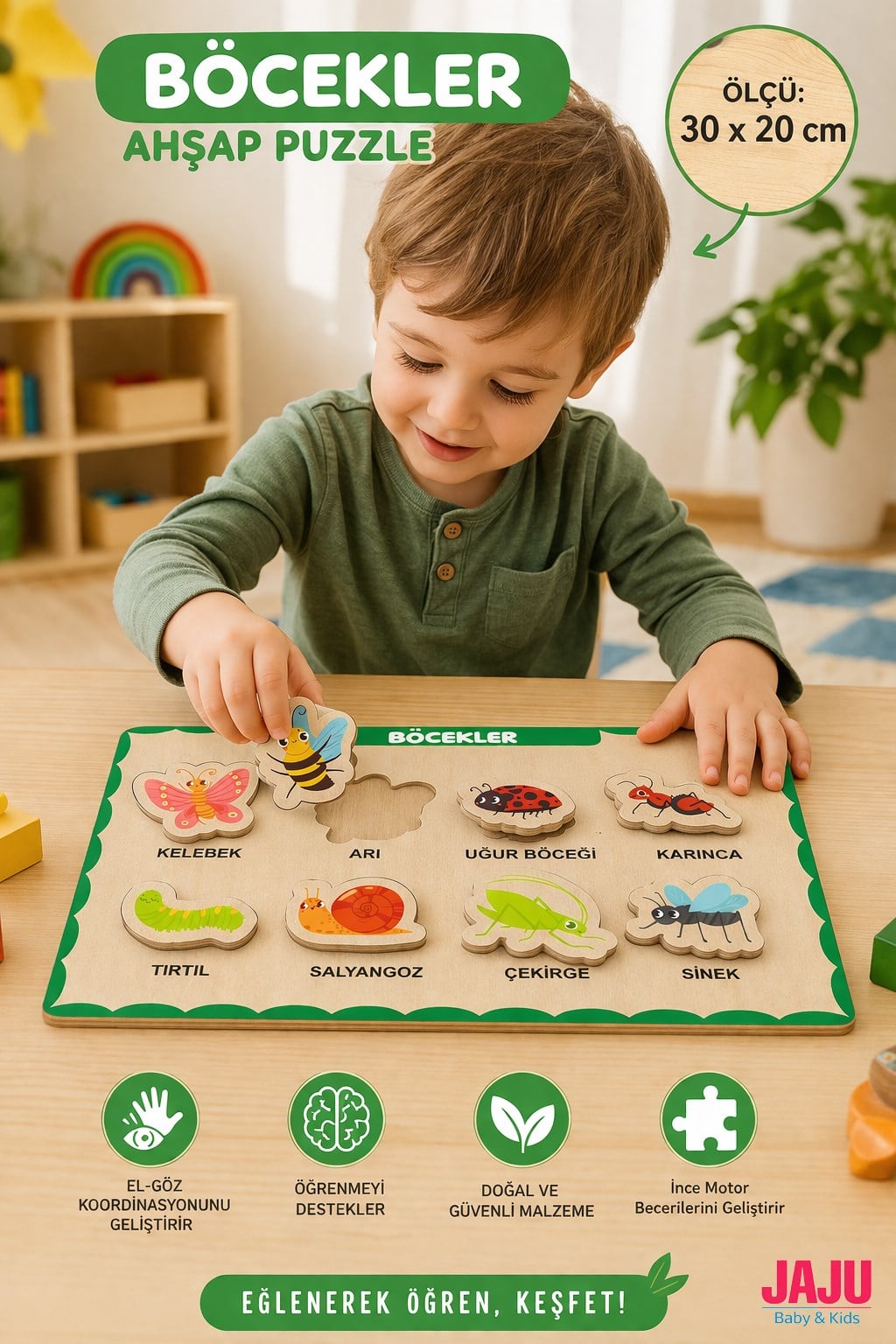 Böcekler Ahşap Puzzle 30x20 cm — 3 mm MDF Eğitici Çocuk Yapbozu | El-Göz Koordinasyon Geliştirici