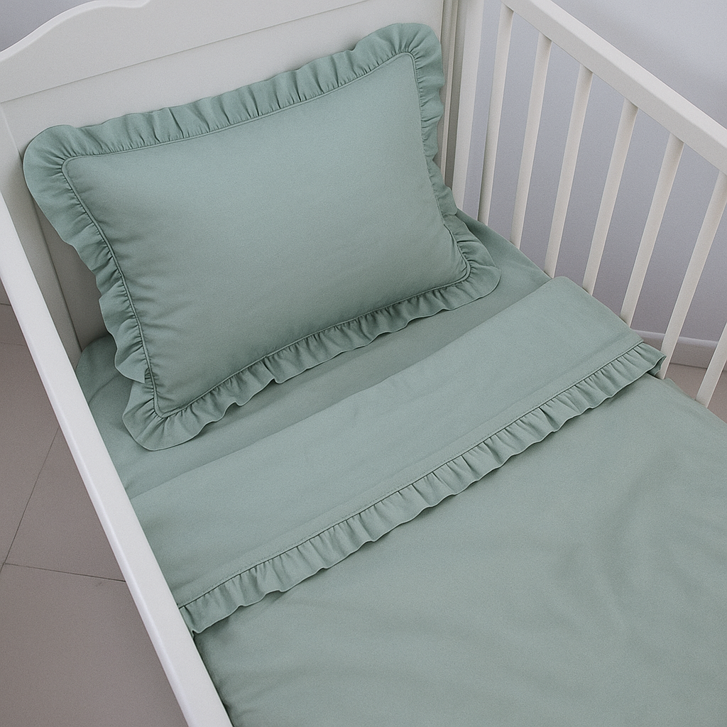 Çağla Yeşili Bebek Nevresim Takımı – 60x120 | 70x140 | 80x130 Beşik Uyumlu – Fırfırlı Premium Set