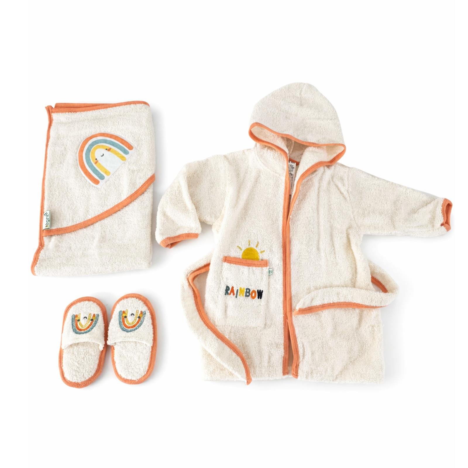 Gökkuşağı Nakışlı Kapüşonlu Bebek Bornoz Seti – Havlu & Terlik Dahil