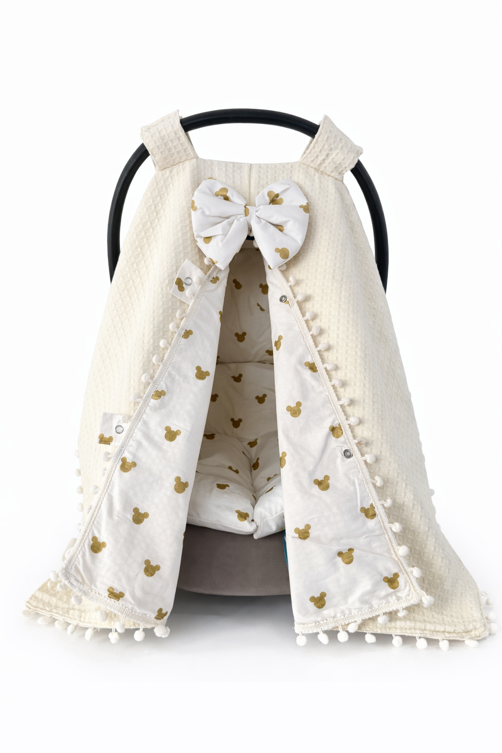 Gold Mickey Desenli Poplin İç – Krem Pike Kumaş Puset Örtüsü ve Minder Seti