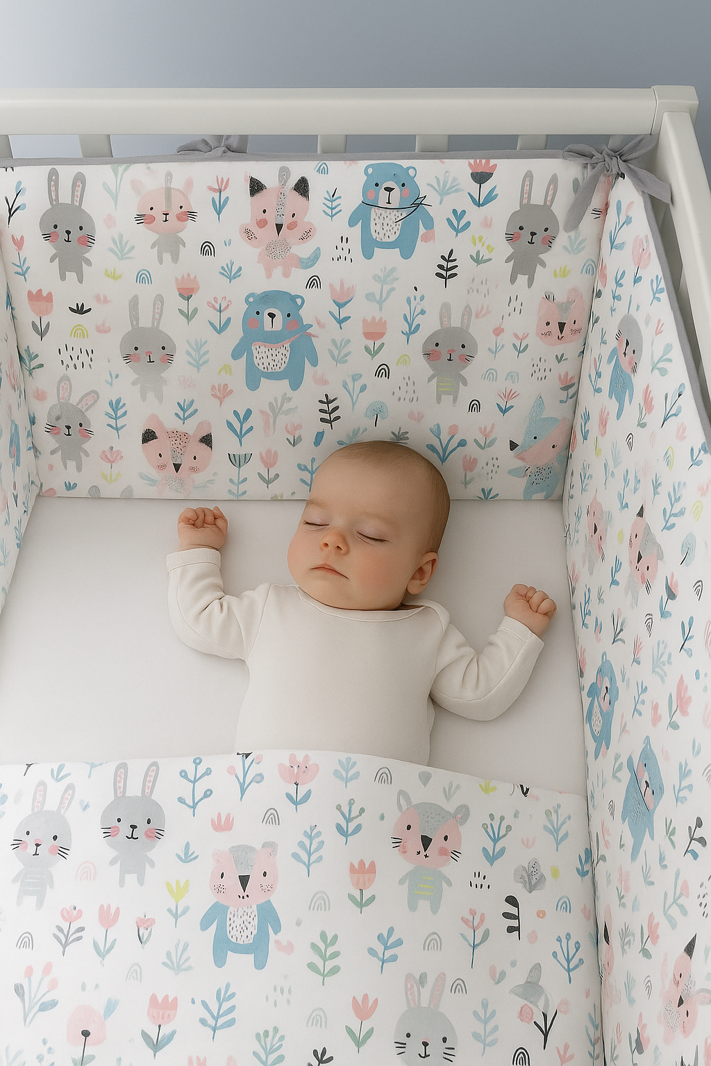 Gri Tavşan (4 Kenar) Beşik Kenar Koruyucu %100 Pamuk Kumaş Beşik Kenar Koruma