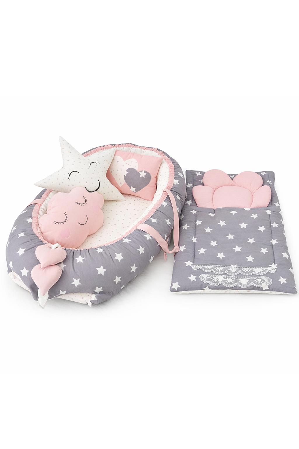 Gri Yıldızlı Pudra Ortopedik Lüx Babynest Set