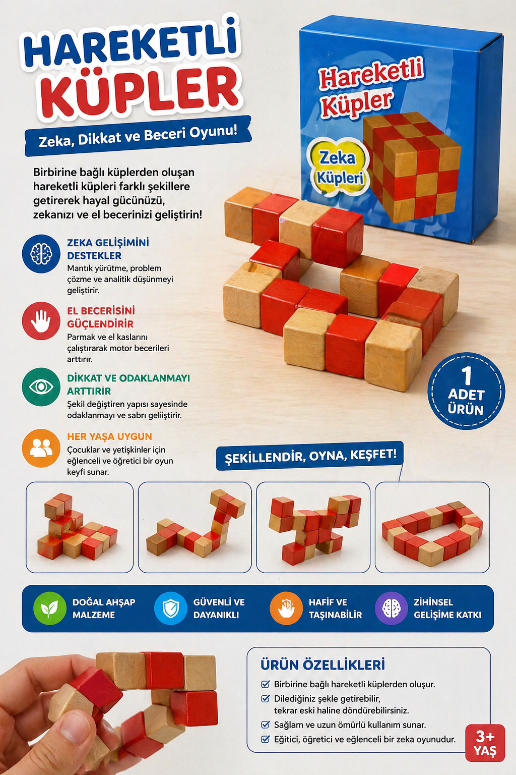 Hareketli Küpler Ahşap Zeka Oyunu | Tek Parça Esnek Küp Puzzle
