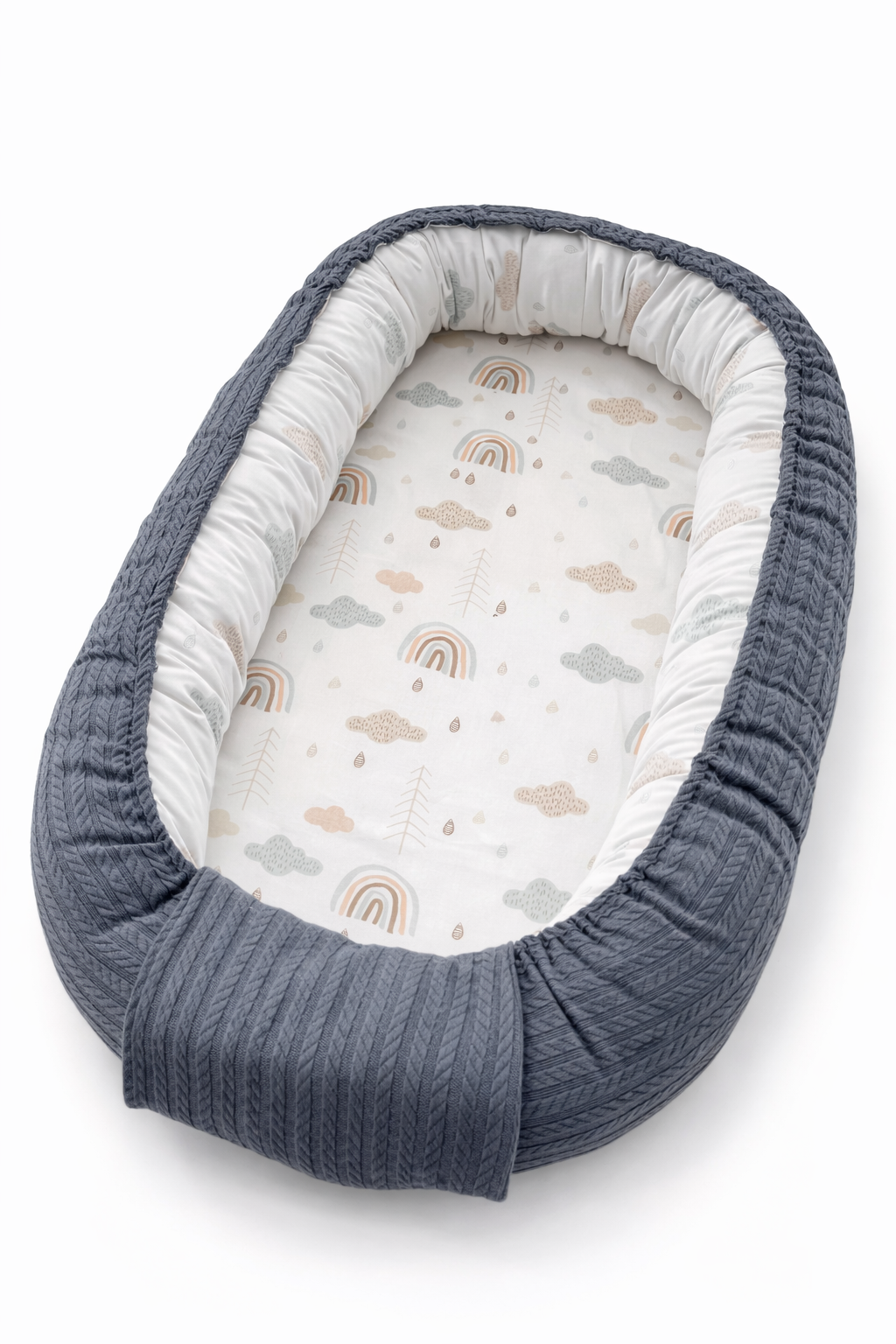 İndigo Örgü Kumaş ve Dağ Desenli Lüx Babynest - Premium Babynest