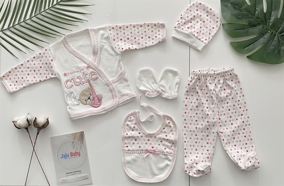 Jaju Baby 0-3 Ay Pembe Cute Puantiyeli 5li Yenidoğan Set