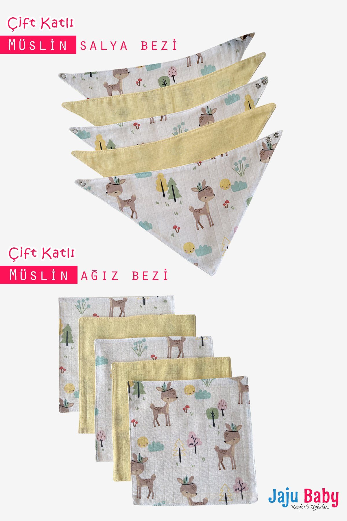 Jaju Baby %100 Organik Pamuk Çift Katlı Müslin Salya Bezi, Ağız Bezi, Sırt Bezi ve Ter Bezi Çok Amaçlı 10 Parça Müslin Set Ceylan 