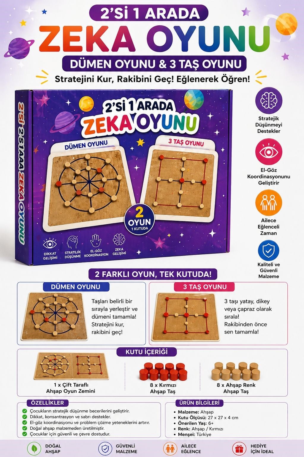 Jaju Baby 3 Taş / Dümen Strateji Zeka Gelişimi Oyunu