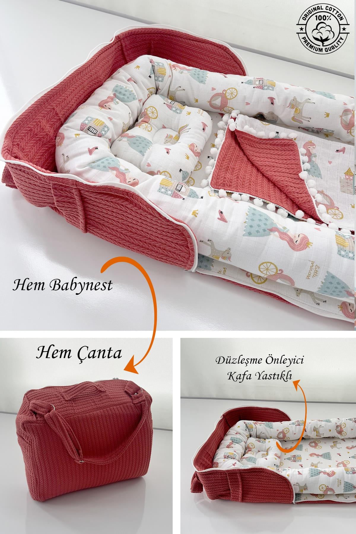 Jaju Baby 3'lü Set Çantalı Babynest Taşınabilir Anne Yanı Müslin Prenses Pike Battaniye Babynest