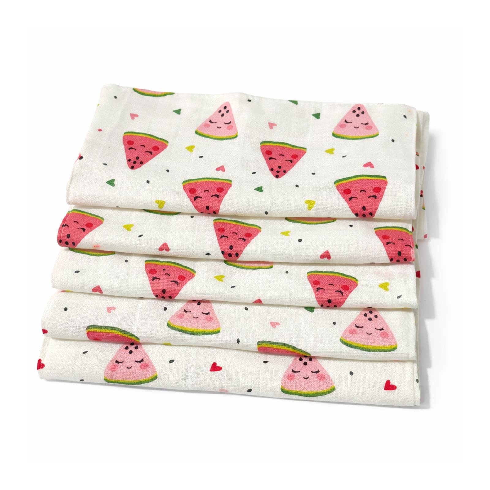 Jaju Baby 5 Adet %100 Organik Pamuk Çift Katlı Müslin Kumaş %100 Pamuk Müslin Omuz Örtüsü Ağız Mendili Sırt Mendili Karpuz Desen