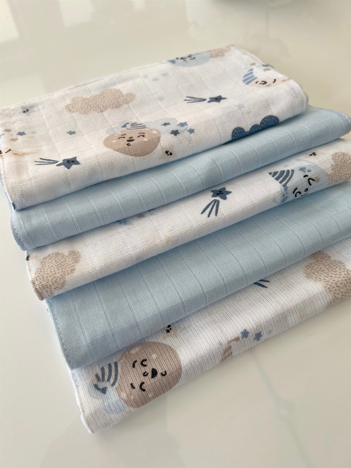 Jaju Baby 5 Adet %100 Organik Pamuk Çift Katlı Müslin Kumaş %100 Pamuk Müslin Omuz Örtüsü Ağız Mendili Sırt Mendili Bulut ve Ay Desen