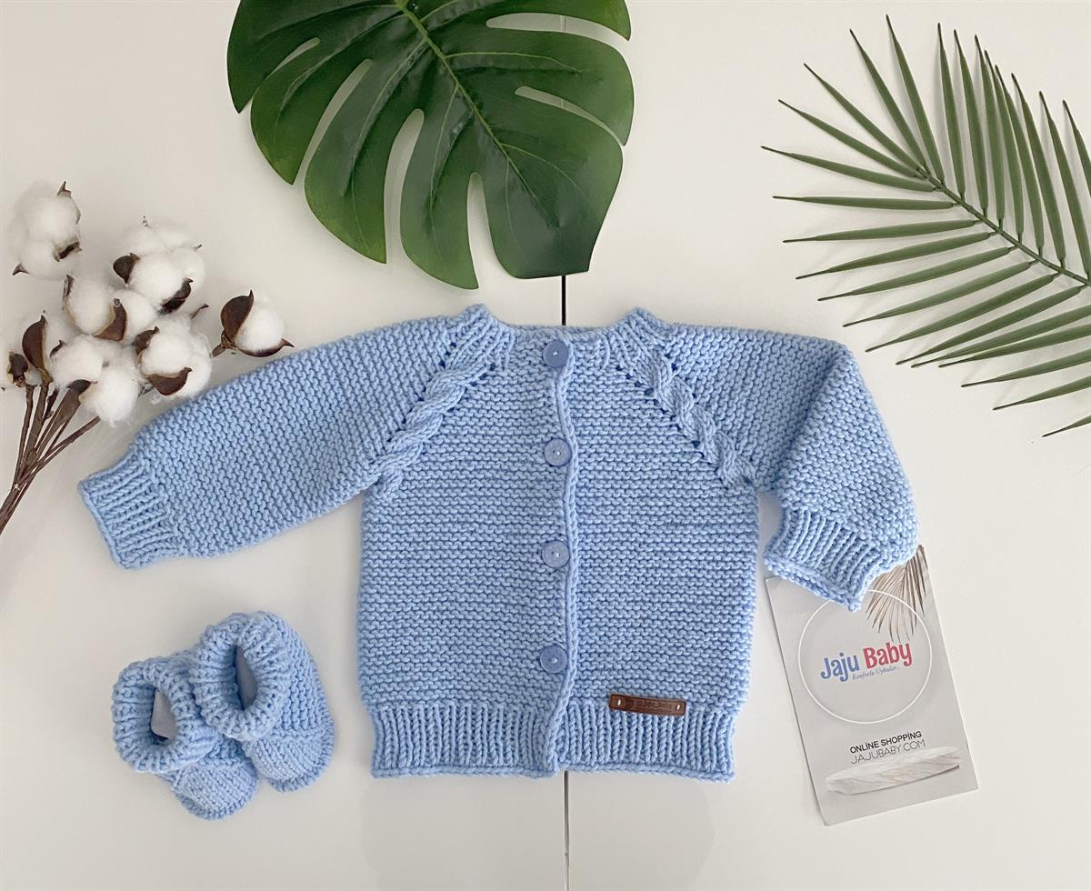 Jaju Baby 6-12 Ay Mavi Düğmeli Örgü Bebek Hırka Ve Patik