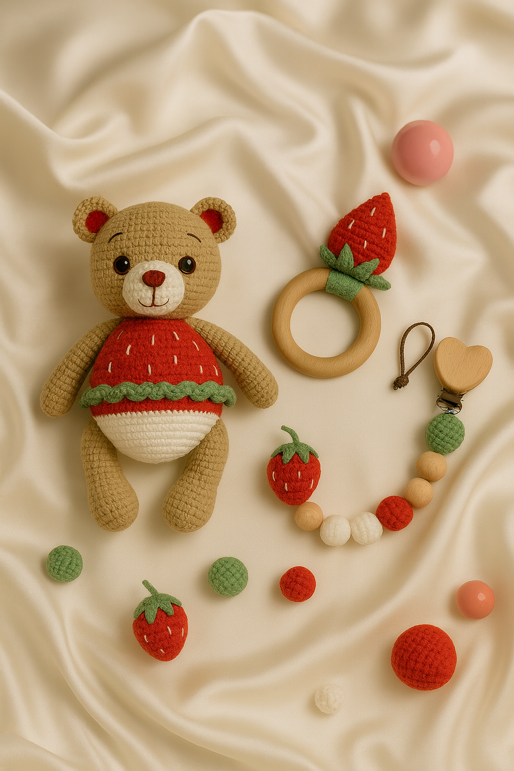 Jaju Baby Amigurumi Çilek Ayıcık 22 cm Çıngırak ve İsimli Emzik Zinciri Üçlü Set