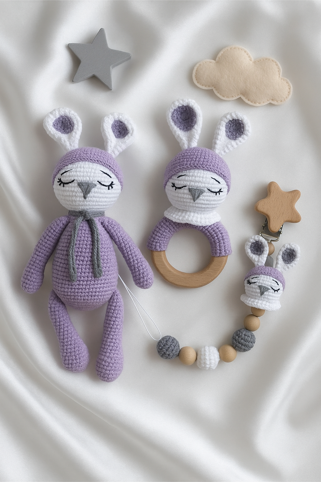 Jaju Baby Amigurumi Mor Sevimli Anten Kulaklar 29 cm Çıngırak ve Emzik Zinciri Üçlü Set