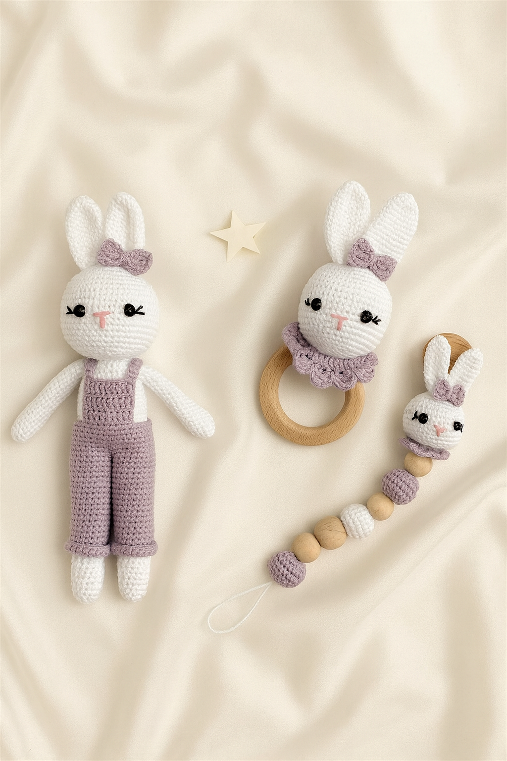 Jaju Baby Amigurumi Mor Tavşan 29 cm Çıngırak ve Emzik Zinciri Üçlü Set 