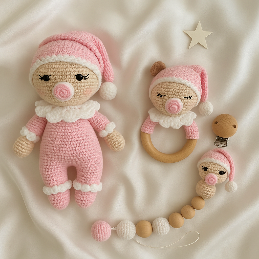 Jaju Baby Amigurumi Pembe Emzikli Bebek 22 cm Çıngırak ve Emzik Zinciri Üçlü Set 