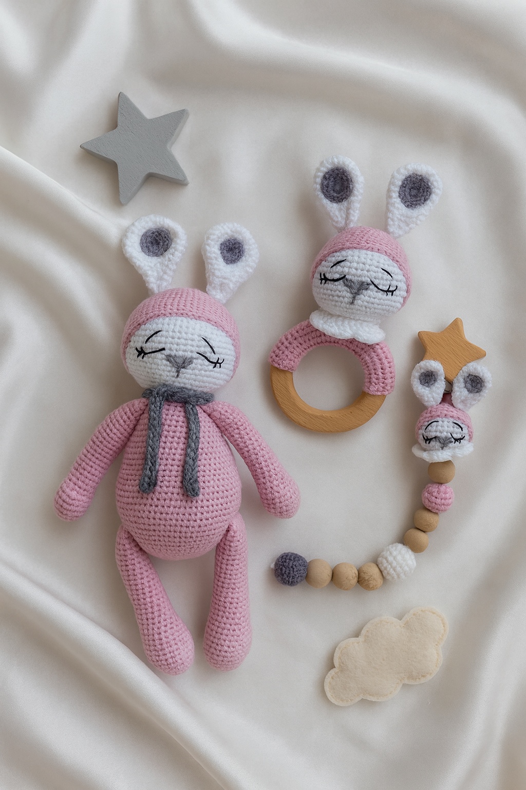 Jaju Baby Amigurumi Pembe Sevimli Anten Kulaklar 29 cm Çıngırak ve Emzik Zinciri Üçlü Set