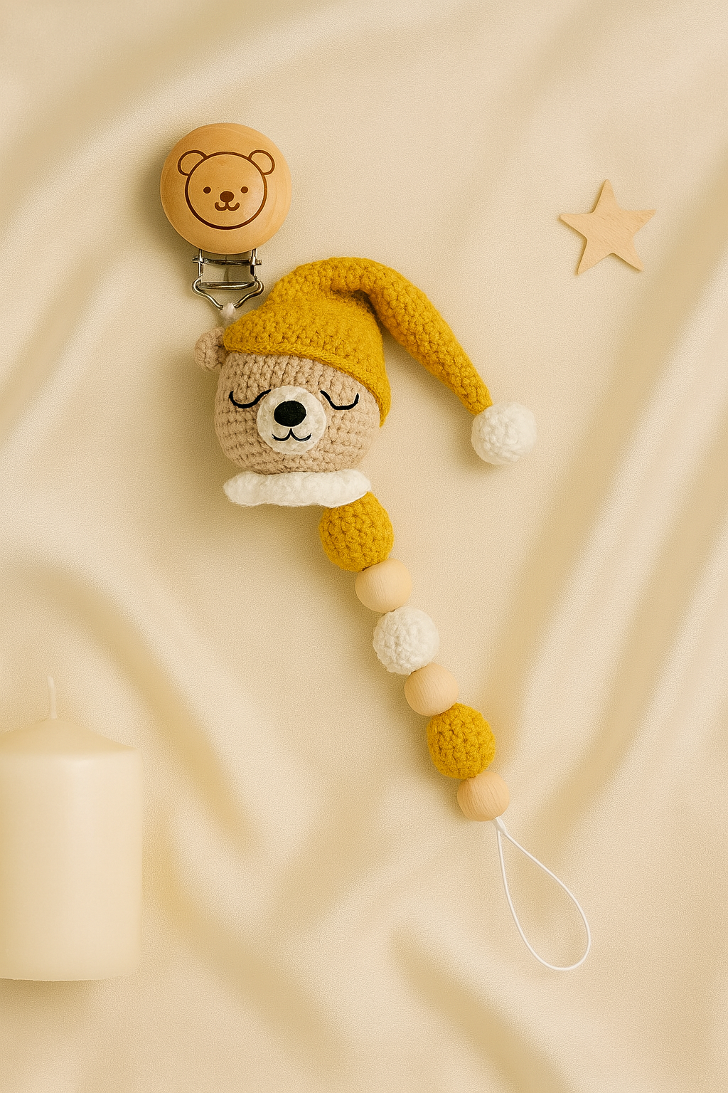 Jaju Baby Amigurumi Sarı Uykucu Ayıcık Emzik Zinciri 22 cm