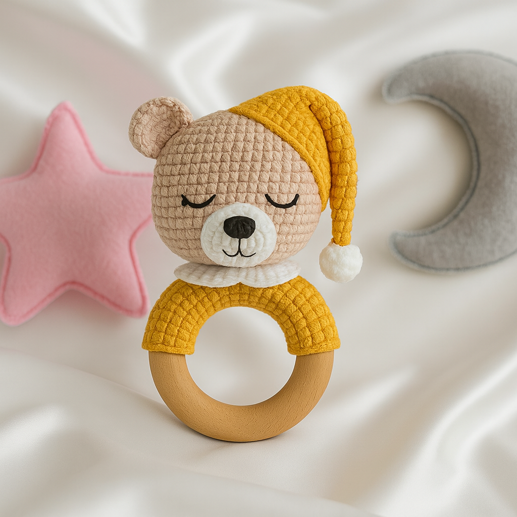 Jaju Baby Amigurumi Sarı Uykucu Ayıcık Diş Kaşıyıcılı Çıngırak 14 cm