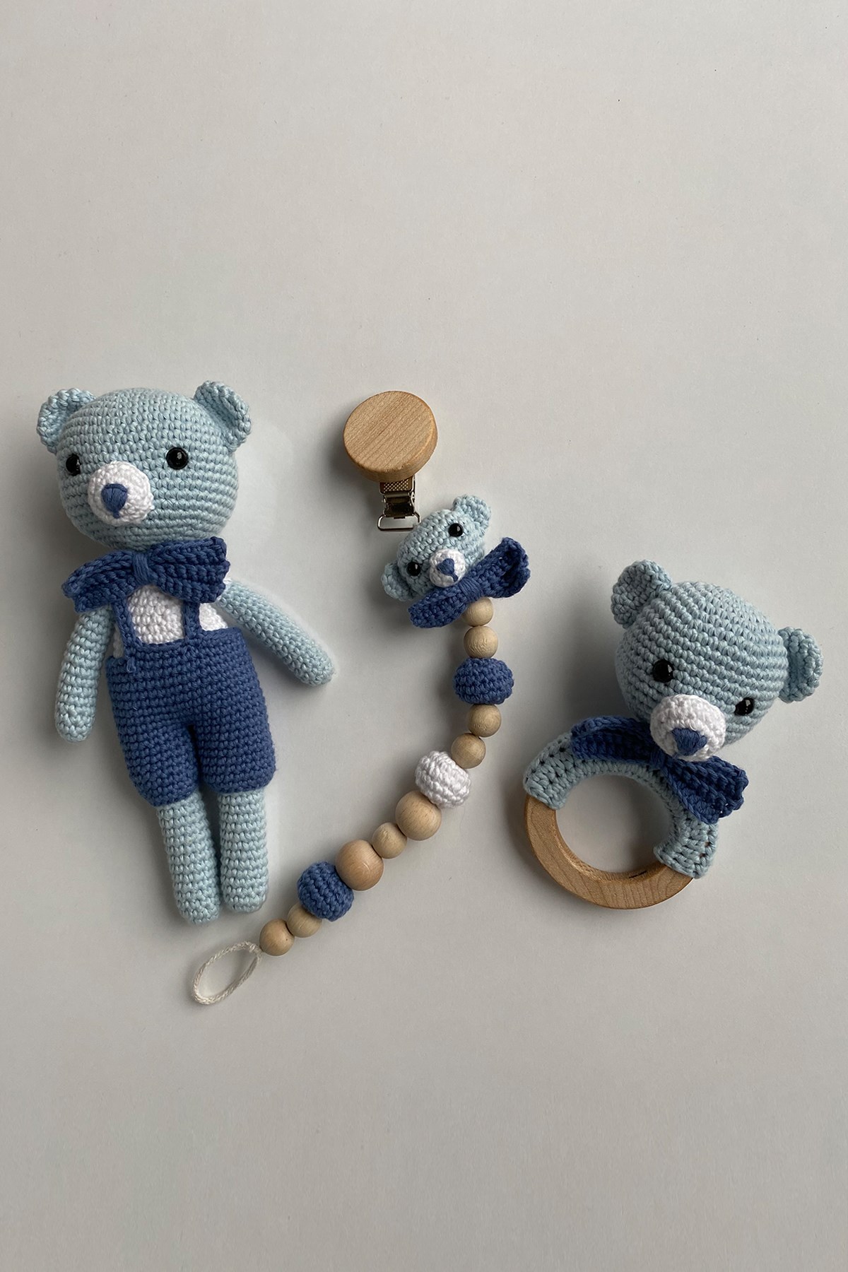 Jaju Baby Ayıcık Set Amigurumi Oyuncak 22 cm Çıngırak ve Emzik Zinciri Üçlü  Set