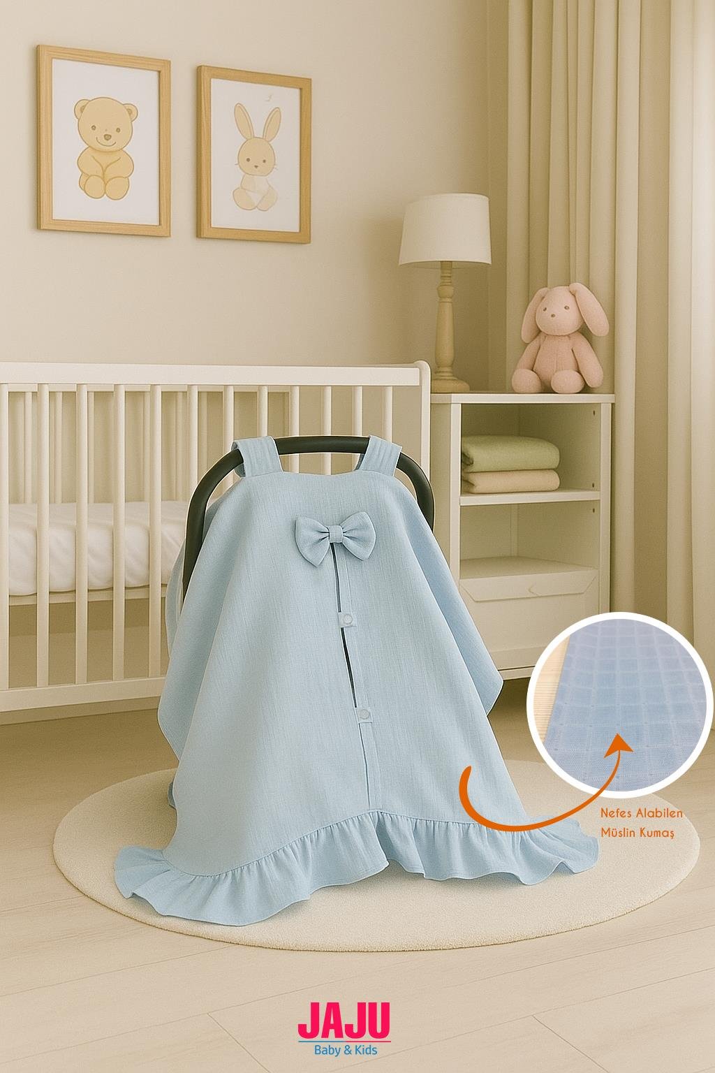 Jaju Baby Bebe Mavisi % 100 Pamuk Fırfırlı Müslin Puset Örtüsü (1.SINIF MÜSLİN)