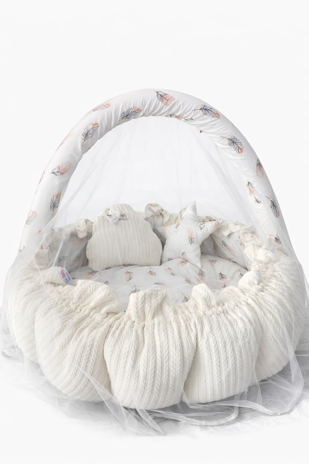 Jaju Baby Beyaz Örgü Kumaş Açılır - Kapanır Oyun Minderi Cibinlik Aparatlı Babynest