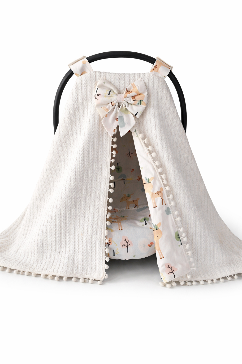 Jaju Baby Beyaz Örgü ve Ceylan Tasarım Ponponlu Puset Örtüsü ve Çarşafı