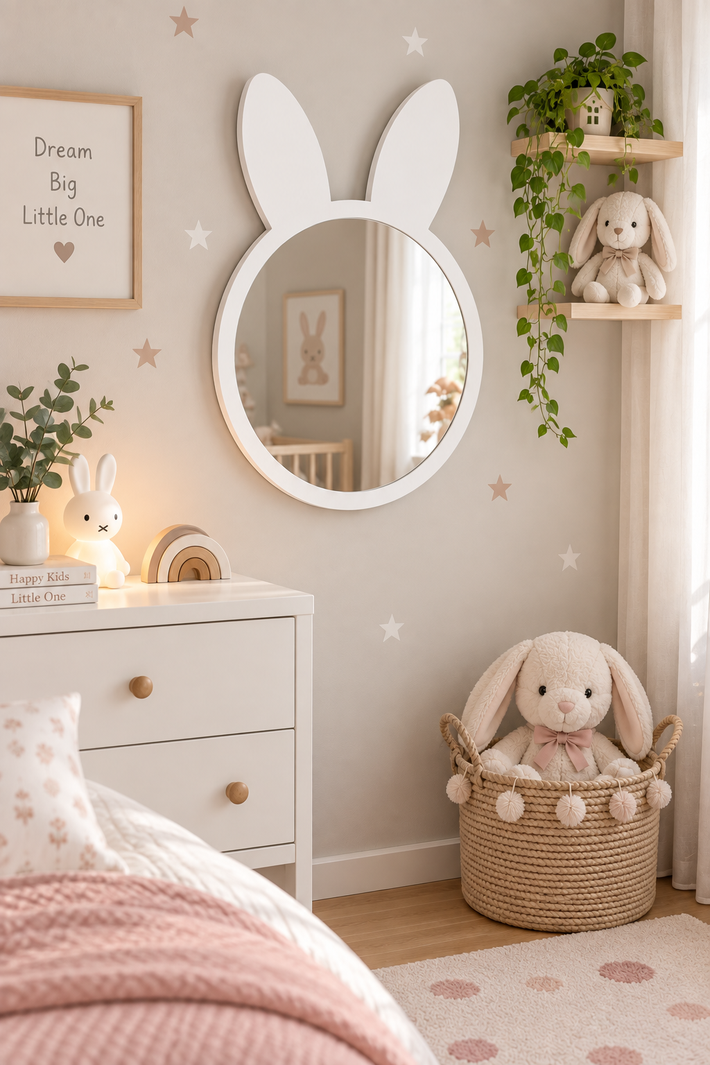 Jaju Baby Beyaz Tavşan Figürlü Dekoratif Çocuk Odası Aynası – MDF Çerçeveli 50 x 35 cm