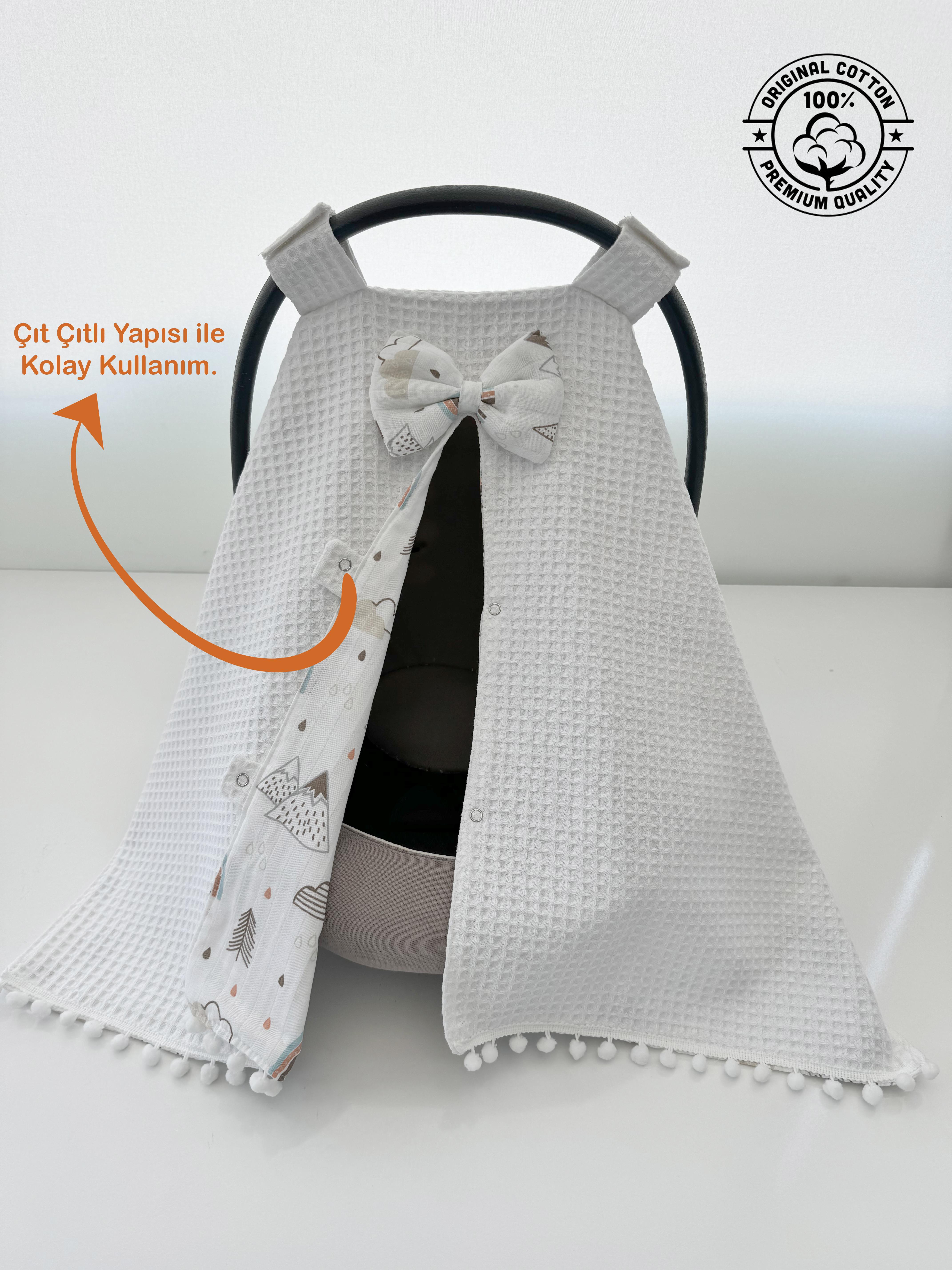 Jaju Baby Beyaz Waffle Pike ve Müslin Dağ Desen Tasarım Ponponlu Puset Örtüsü