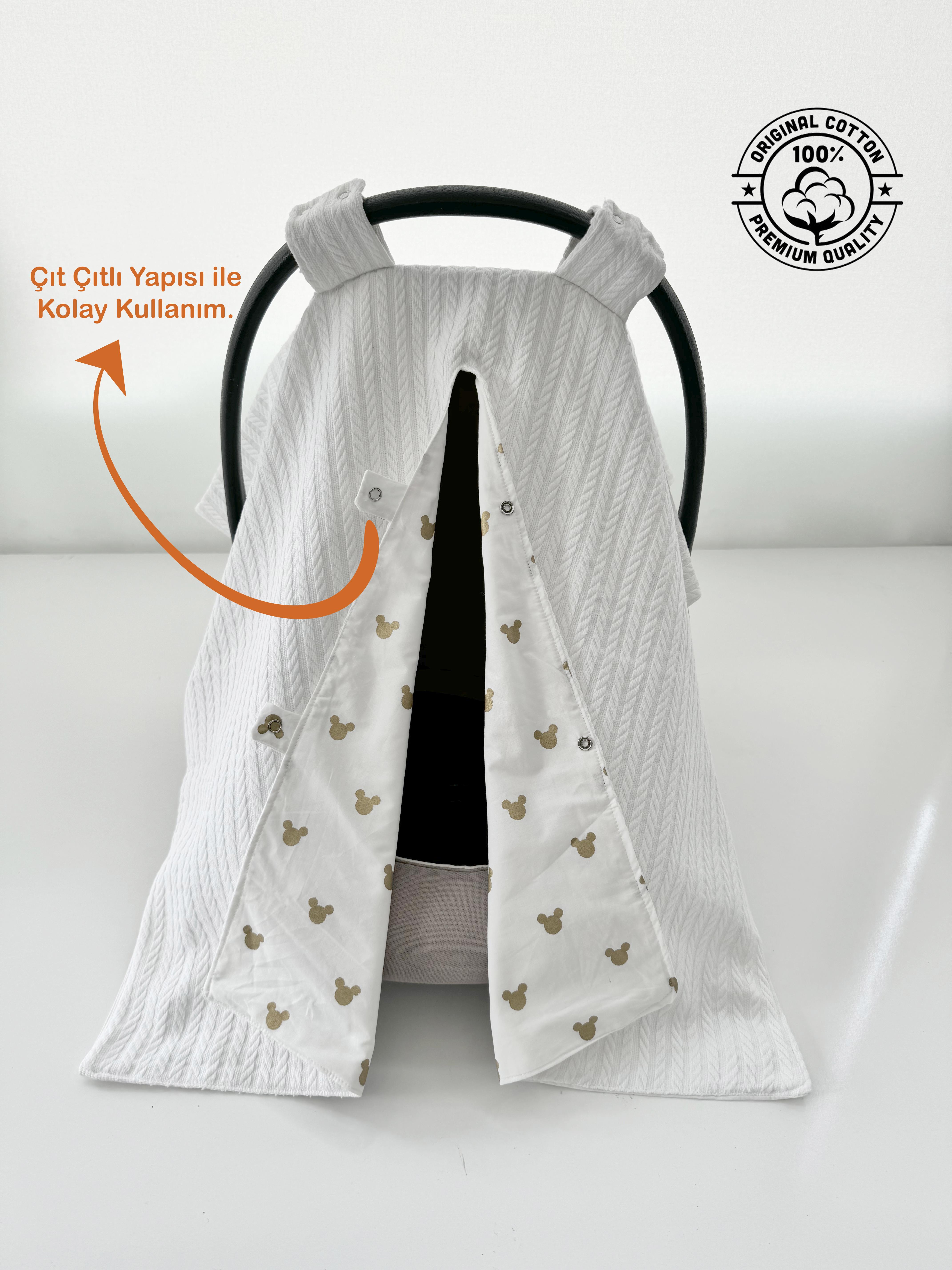 Jaju Baby Çift Taraflı Puset Örtüsü Örgü ve Gold Micky Kumaş