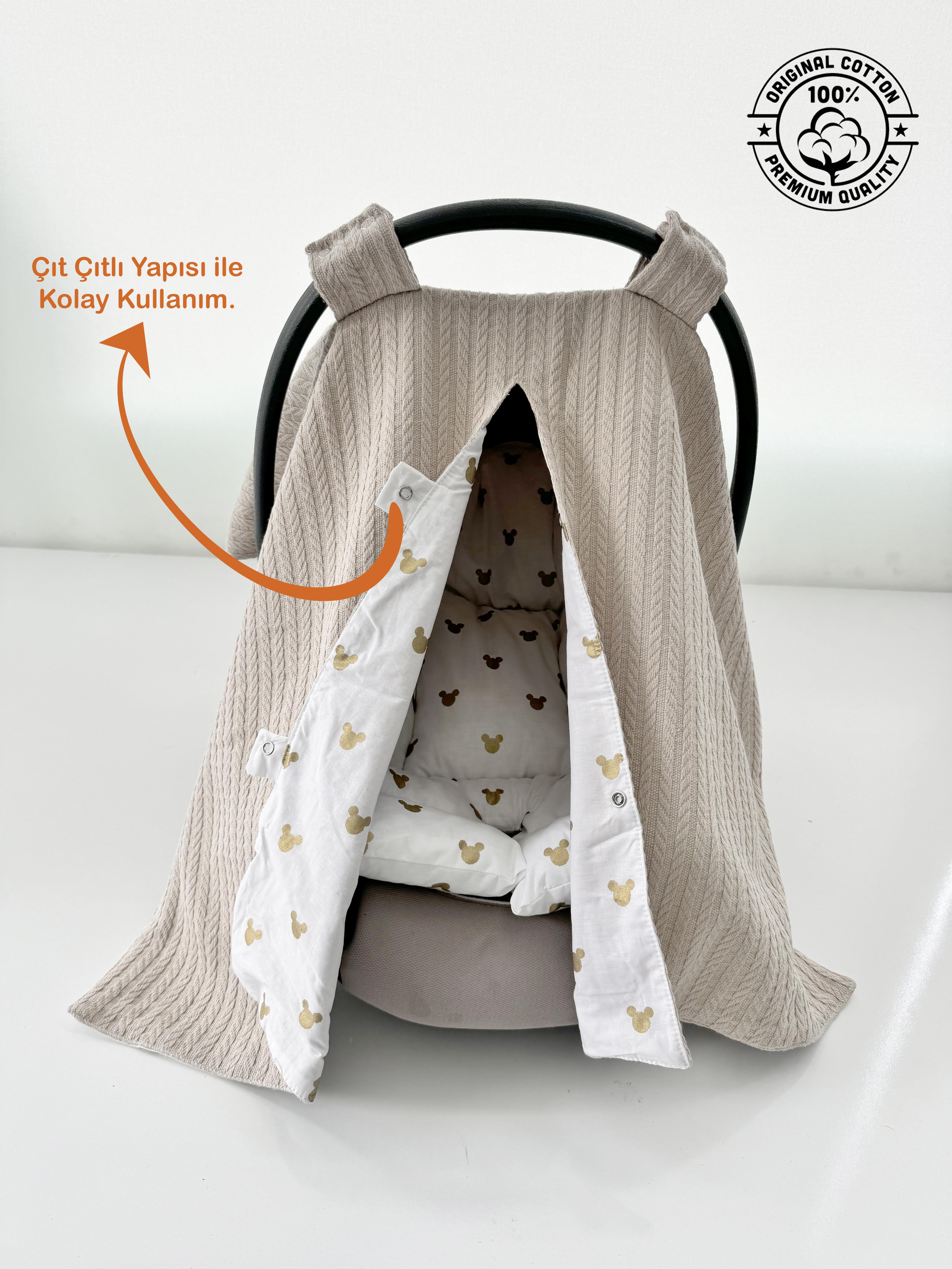 Jaju Baby Çift Taraflı Puset Örtüsü ve Puset Minderi Gold Micky Kahve Örgü Kumaş