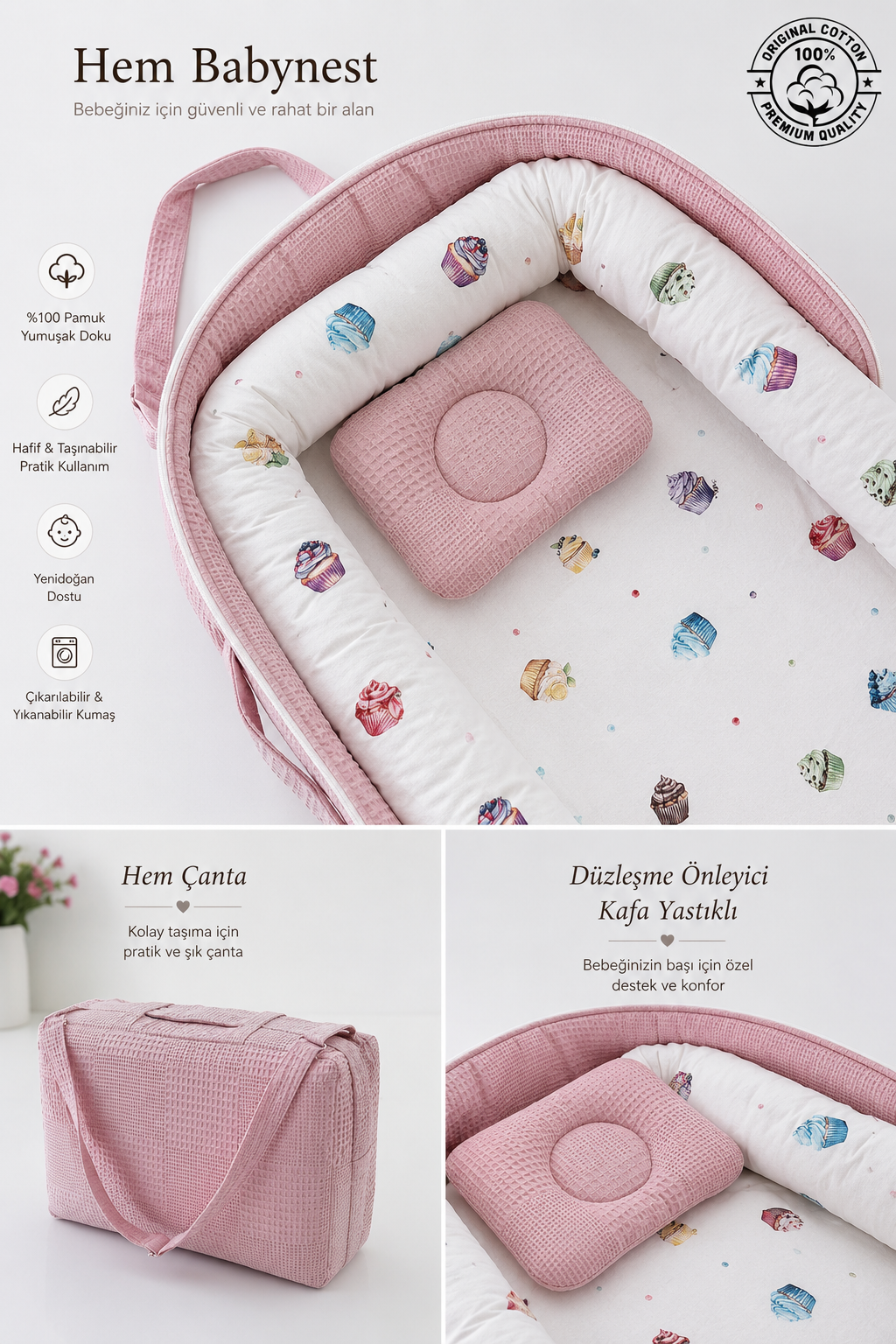 Jaju Baby Cup Cake Çantalı Babynest Taşınabilir Anne Yanı Babynest