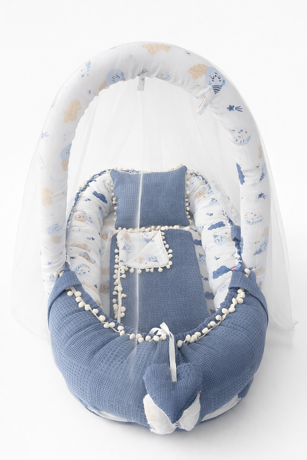 Jaju Baby Denim Pike Kumaş Müslin Kumaş Ponponlu Babynest ve Yorgan Oyuncak Aparat ve Tül Set