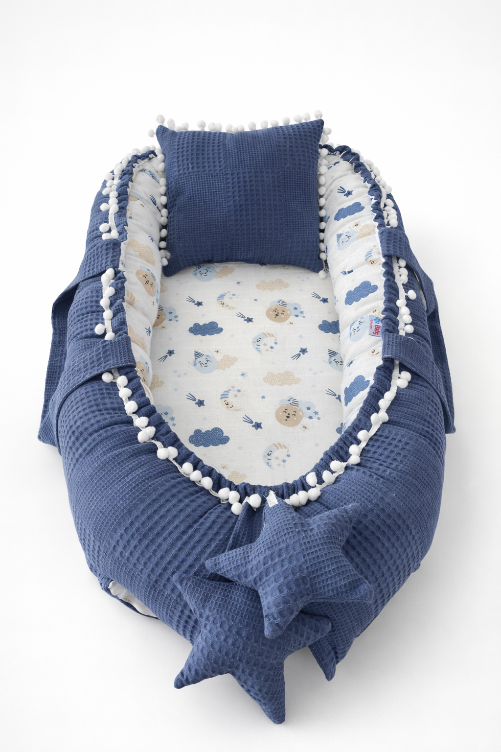 Jaju Baby Denim Waffle Pike Kumaş Müslin Kumaş Ponponlu Babynest