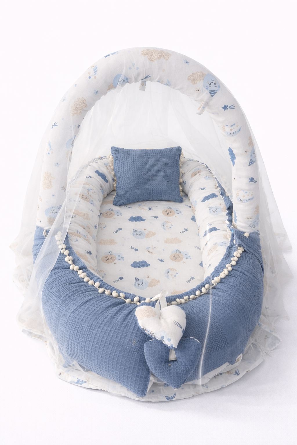 Jaju Baby Denim Waffle Pike Kumaş ve Müslin Kumaş Ponponlu Oyuncak Aparatlı Tüllü Babynest