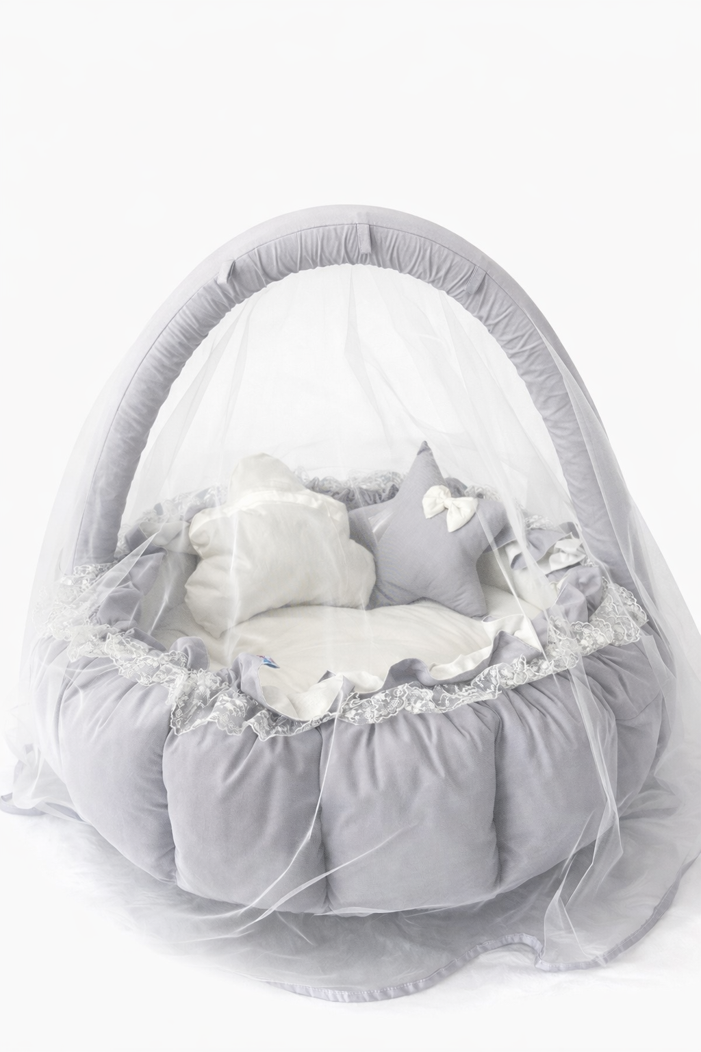 Jaju Baby Düz Gri Tasarım Lüx Oyun Minderi Babynest Cibinlik Tül Oyuncak Aparat Set