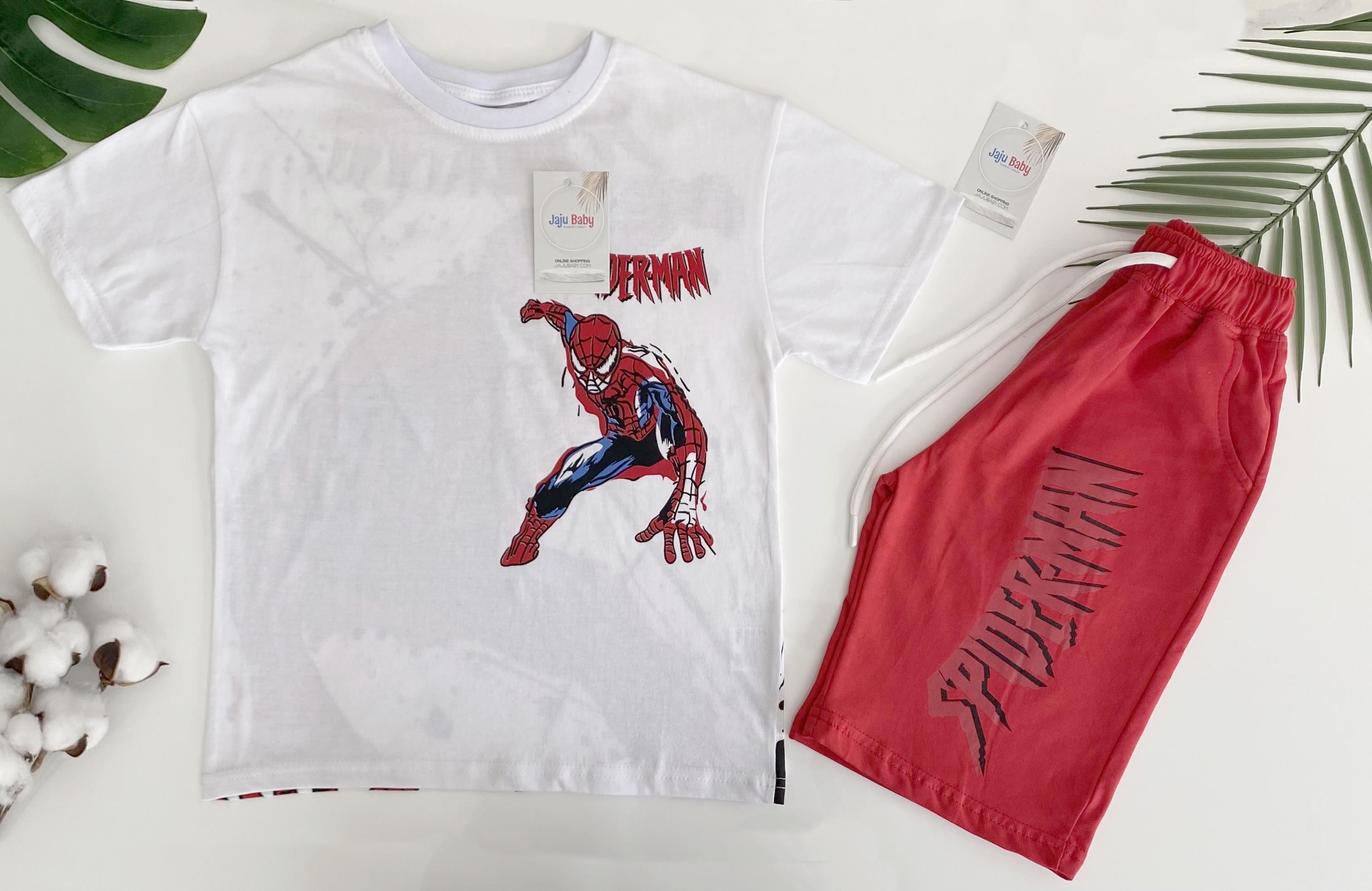 Jaju Baby Erkek Çocuk Arkası Spiderman Baskılı T-shirt Ve Kırmızı Şort Takım