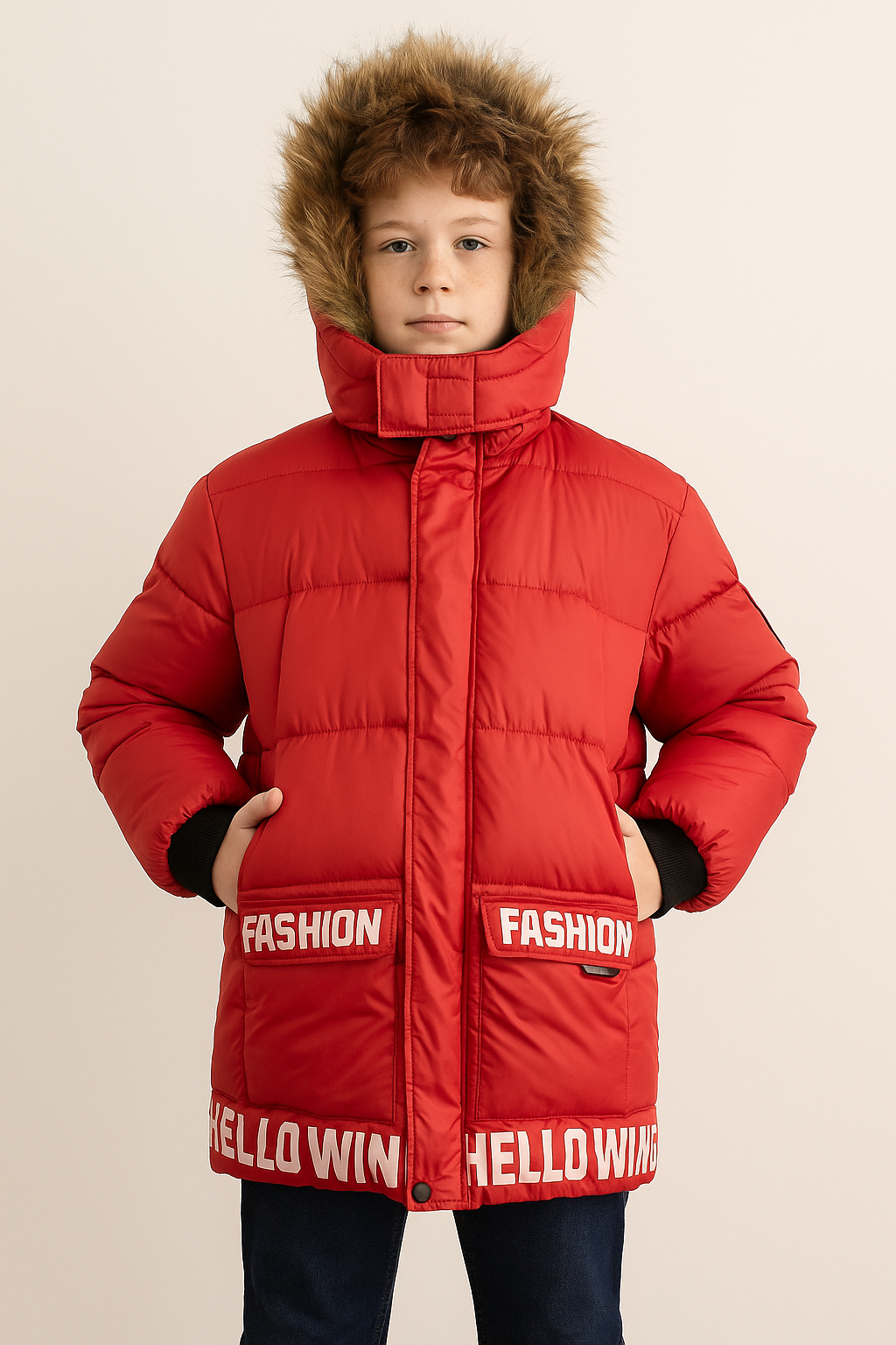 Jaju Baby Erkek Çocuk Kırmızı Renk Yazı Detaylı İçi Polar Kapüşonlu Şişme Mont