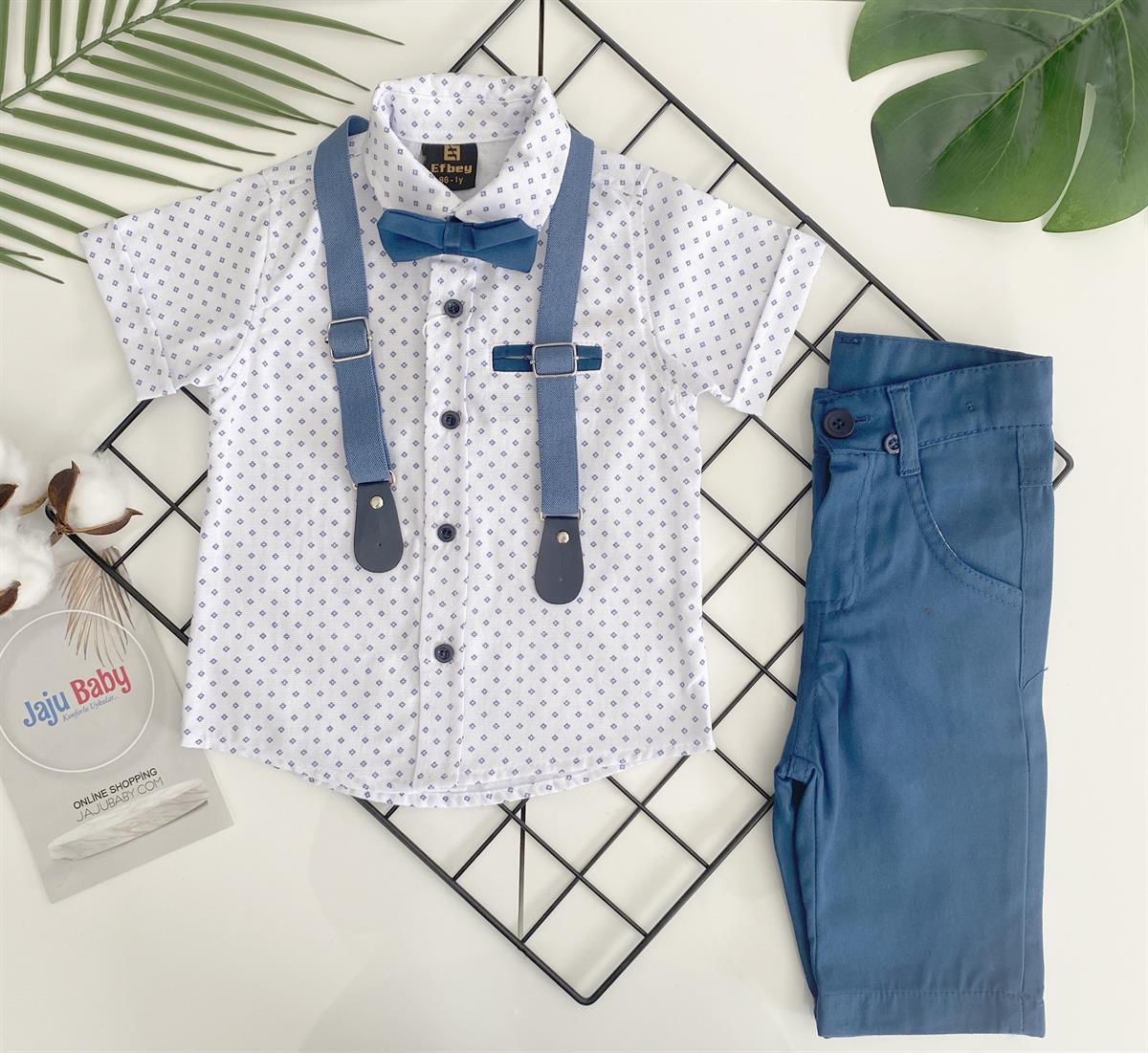 Jaju Baby Erkek Çocuk Kısa Kol Papyonlu Askılı Desenli Gömlek Ve Kapri Takım
