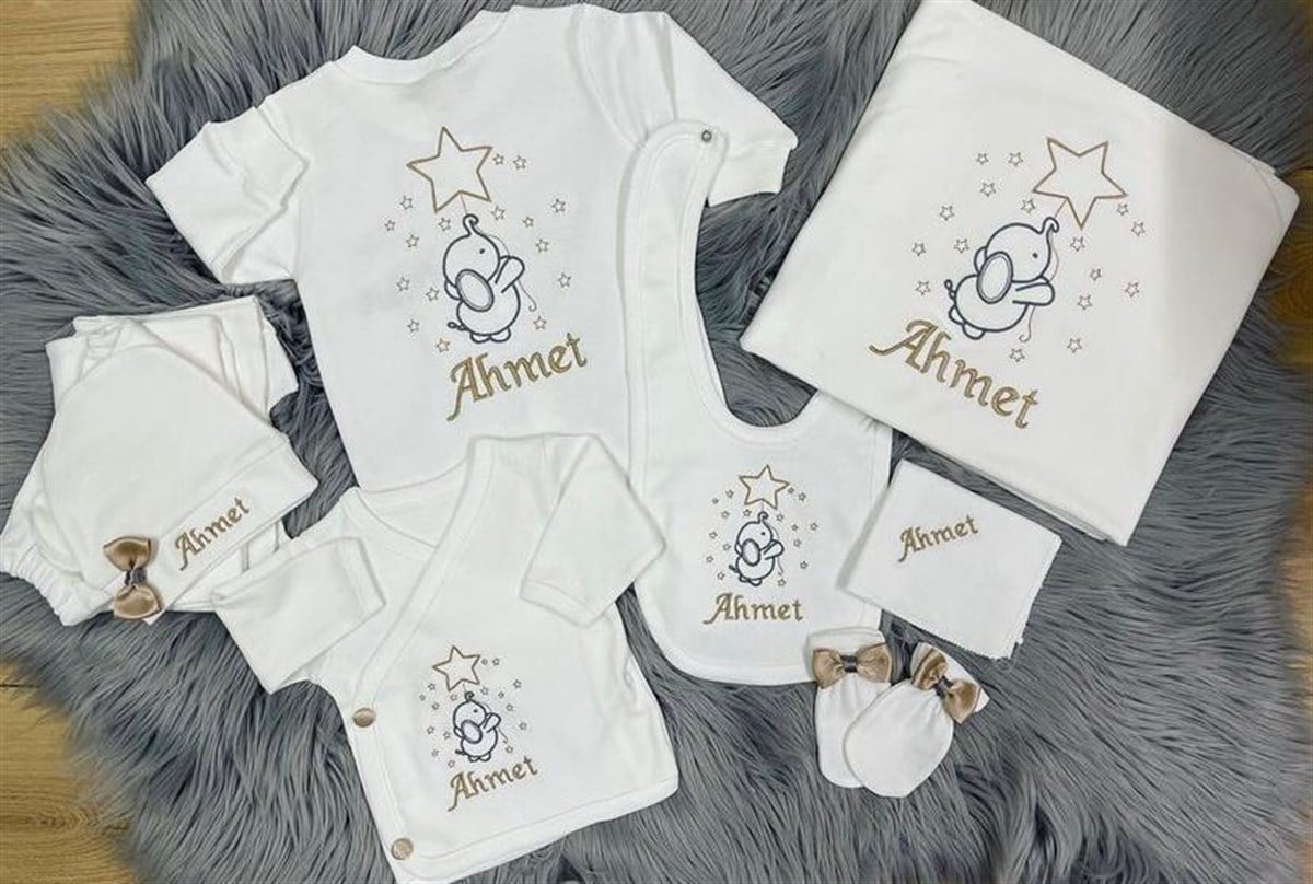 Jaju Baby Fil Tasarım ve İsim İşlemeli Bebek Yeni Doğan Set