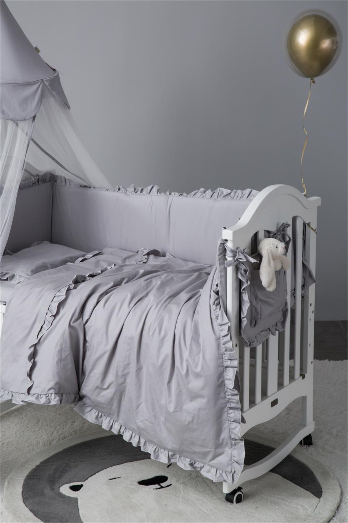 Jaju Baby Fırfırlı Gri Renk Beşik / Montessori Kenar Koruma ve Nevresim  Takımı Bebek Uyku Seti