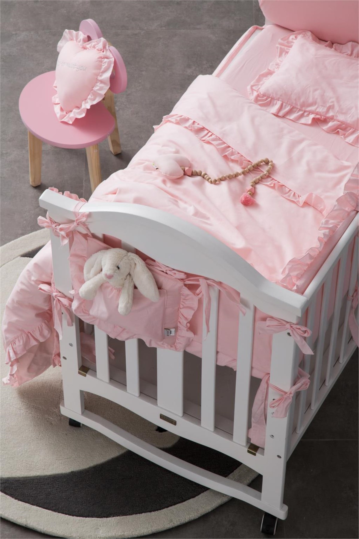 Jaju Baby Fırfırlı Somon Renk Beşik / Montessori Kenar Koruma ve Nevresim  Takımı Bebek Uyku Seti