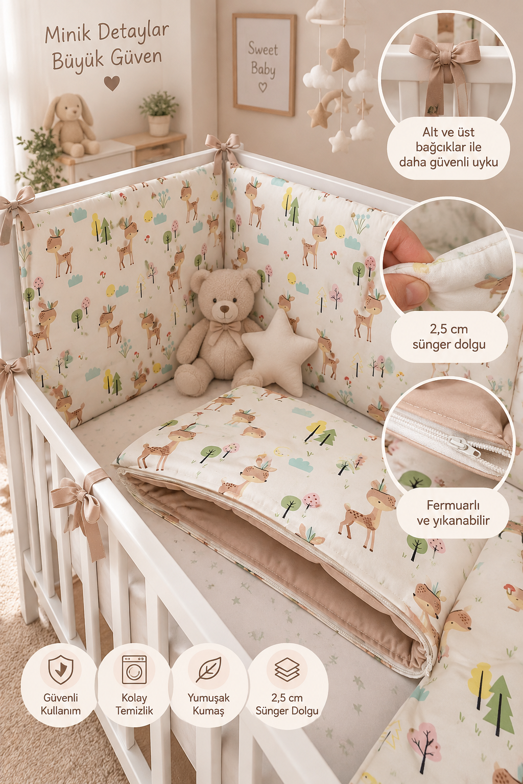 Jaju Baby Geyik Desenli Beşik Kenar Koruma Özel Ölçü