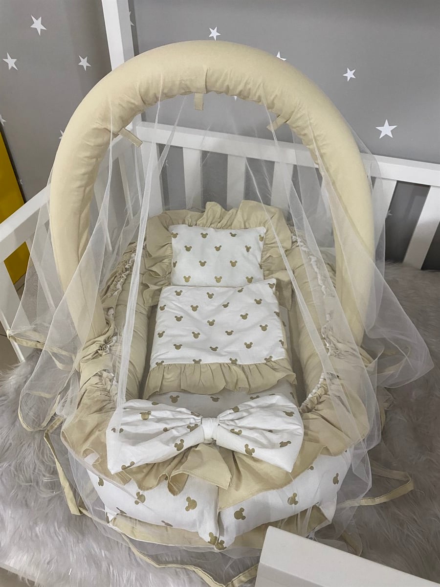 Jaju Baby Gold Mickey Kombineli Cibinlik ve Oyuncak Askılı Lüx Tasarım Fırfırlı Babynest Set