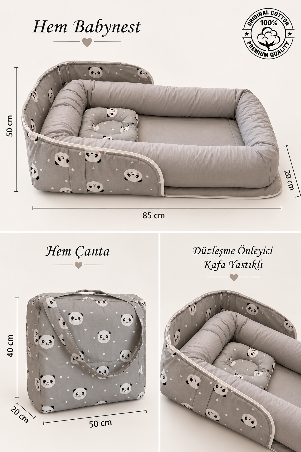 Jaju Baby Gri Panda Çantalı Babynest Bebek Çantası Taşınabilir Anne Yanı Yatağı