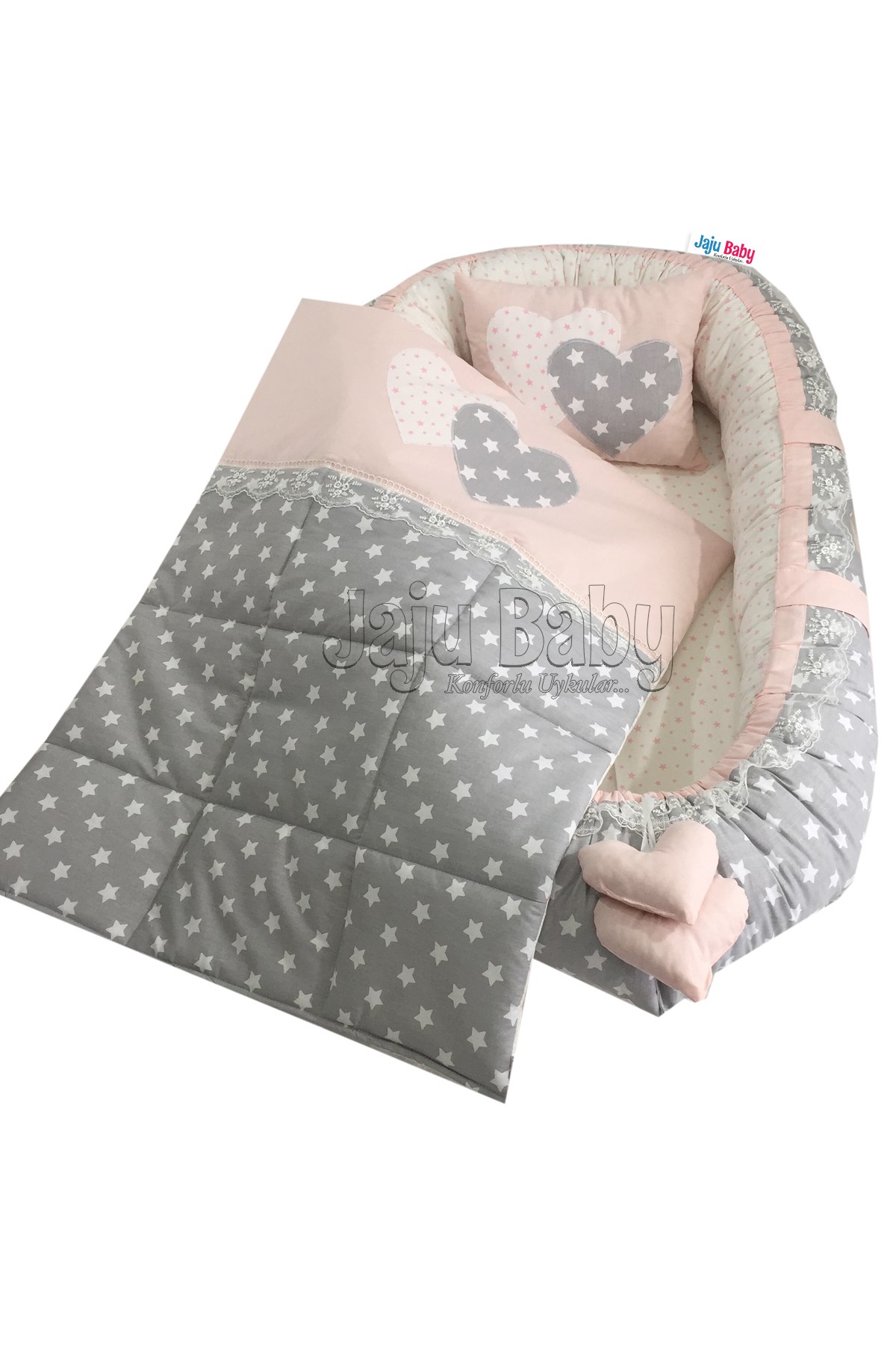 Jaju Baby Gri Pembe Yıldızlı Lüx Ortopedik Babynest Bebek Yatağı