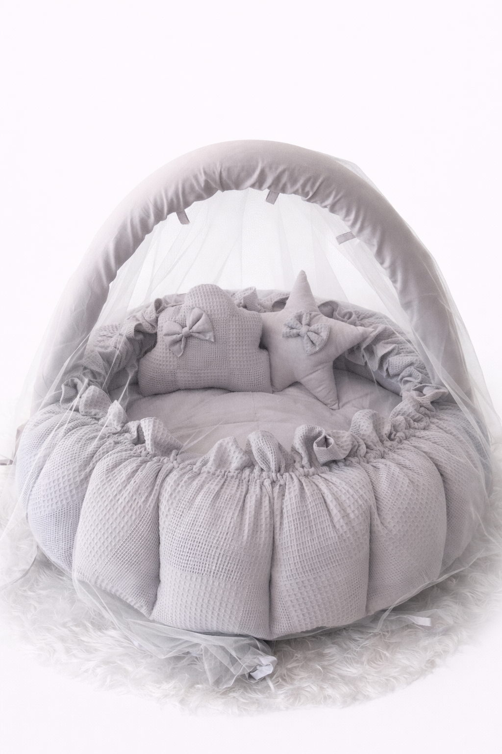 Jaju Baby Gri Pike Kumaş Kombinli Tasarım Açılır - Kapanır Oyun Minderi Cibinlik Aparatlı Babynest